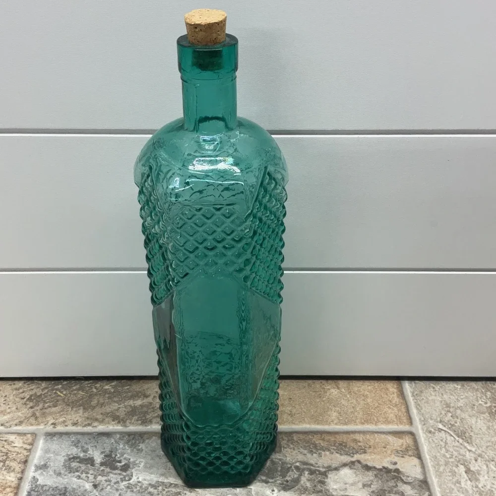 Vintage Teal Green Glass Hexagon Bottle Embossed Diamond Hobnail Cork 12.5in